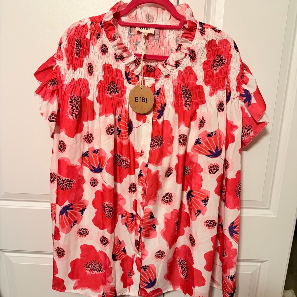 BIBI Pink & Red Floral Smocked Women's Top